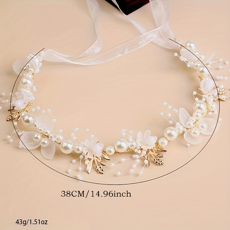 Bridal Headband and Ring Set Faux Pearls Flower Tulle Hair Accessories