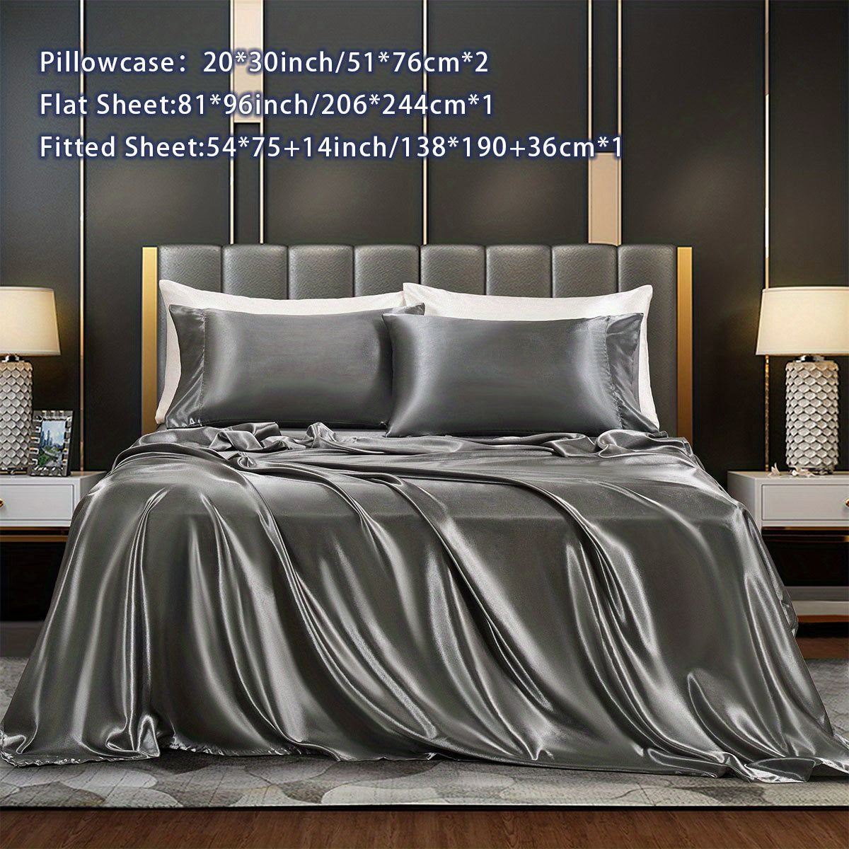 Satin Bed Sheets Set Fitted and Flat Sheets with Pillowcases for Bedroom