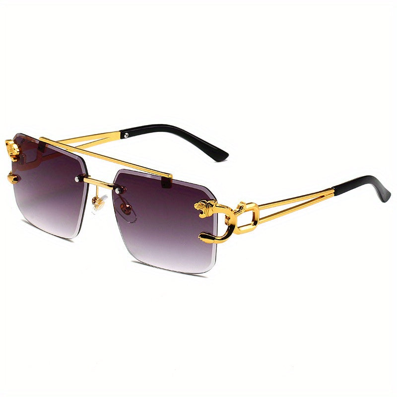Unisex Rimless Double Bridge Square Metal Glasses with Gold Leopard Temples