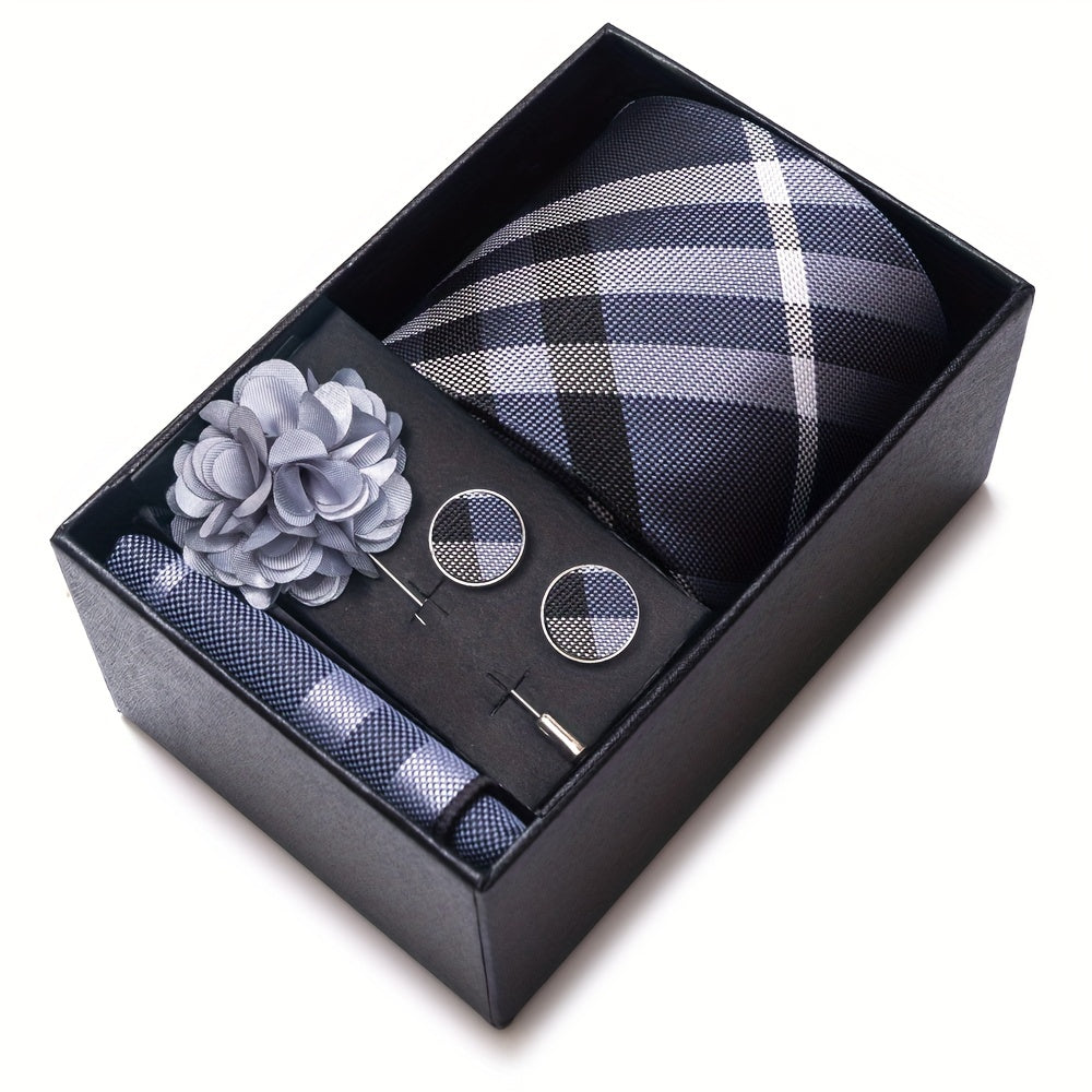 Set of 5 Men's Accessories Dark Blue Striped Necktie Hanky Cufflinks Brooch for Wedding or Business