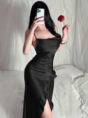 Women's Long Dress with Thin Suspenders and Open Back Ruffled Slit Design