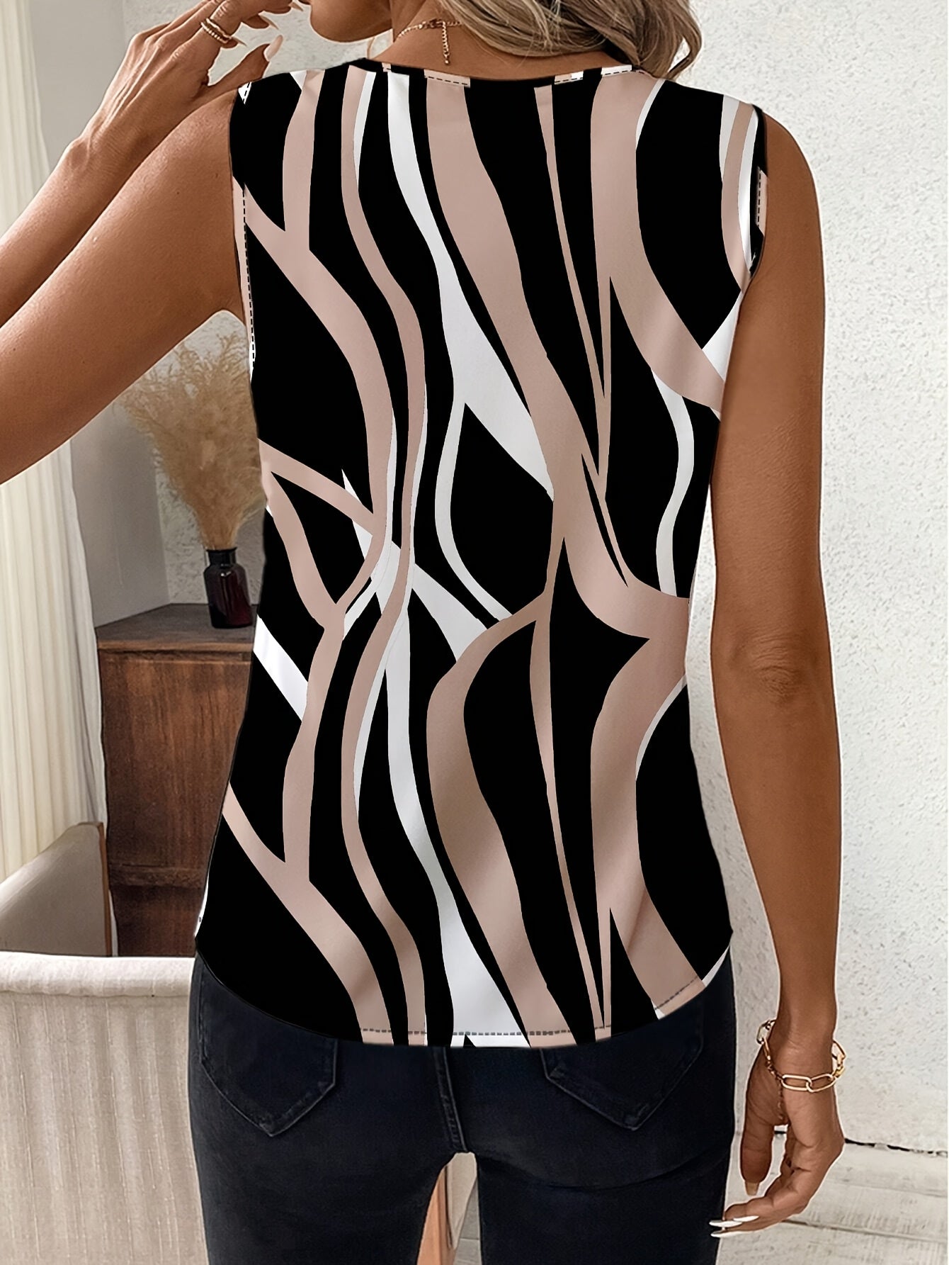 Women's V-Neck Sleeveless Blouse Lightweight Polyester Black Beige Abstract Print