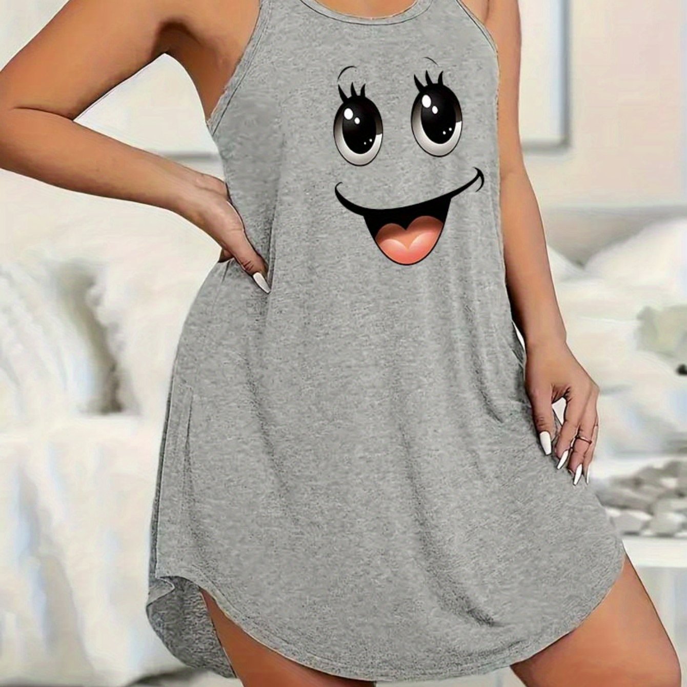 Plus Size Women's Sleepwear Nightgown Blue Face Print Casual Stretchy Sleep Dress