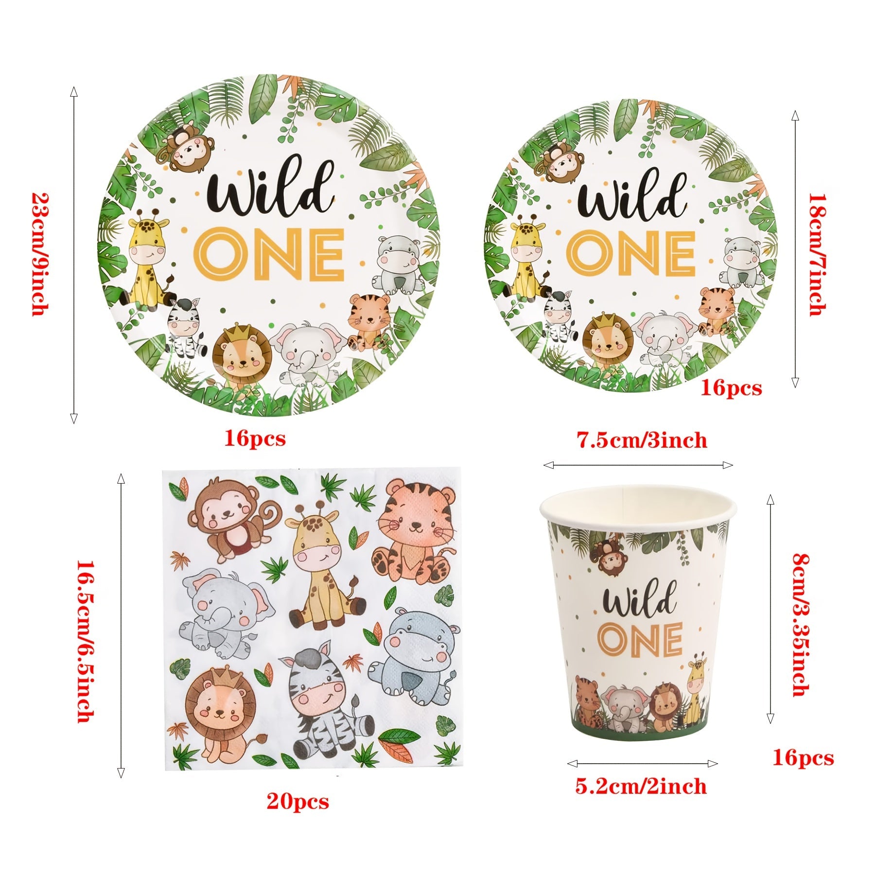 Wild Jungle Birthday Decorations Set 68 Pieces Paper Plates Cups Napkins for First Party