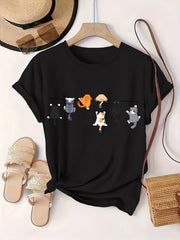 Plus Size Women's Black T-Shirt with Cat Illustration Casual Crew Neck