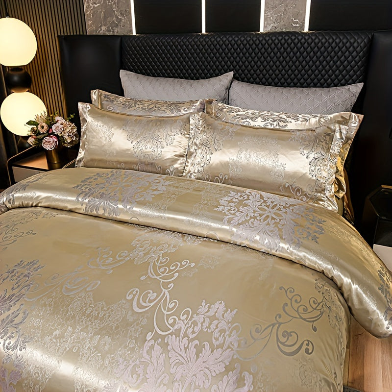 3-Piece Satin Jacquard Bedding Set with Duvet Cover and Pillowcases Golden Contemporary Bedroom Guest Room