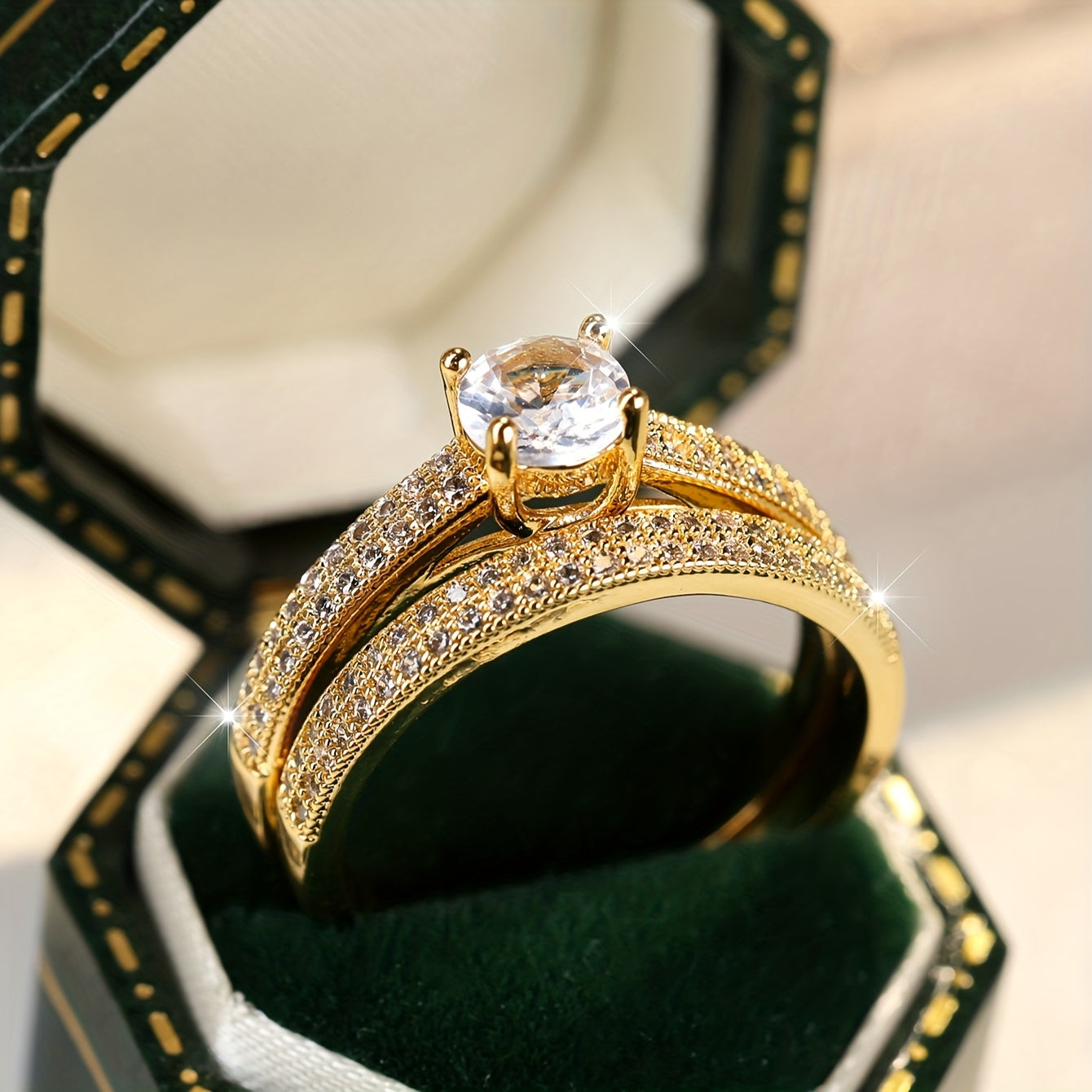 Bohemian Bridal Ring Set with Cubic Zirconia Copper Wedding Band for Women