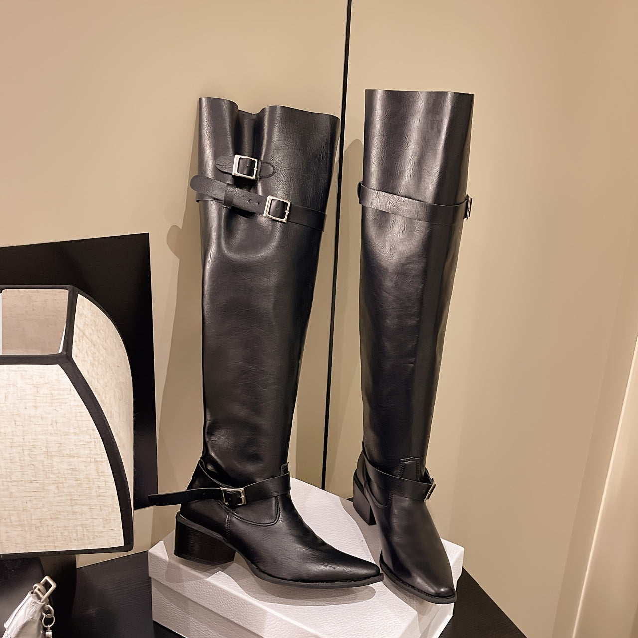 Women's High-Calf Boots Synthetic Slip-On Chunky Mid-Heel All-Season Black