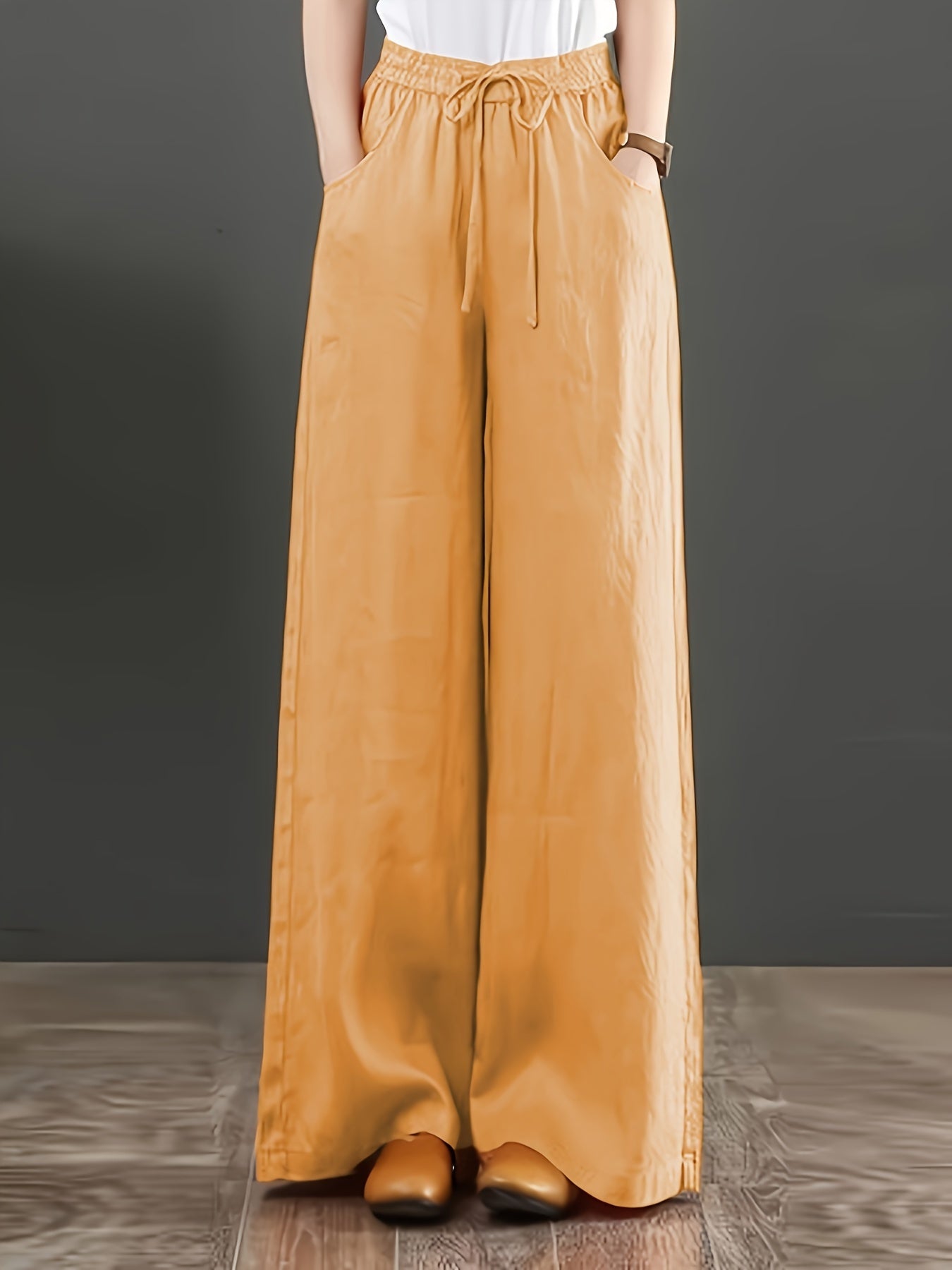 Pantalones de algodón de pierna ancha para mujer, de cintura alta y largo hasta el suelo, estilo de vacaciones, para todas las estaciones