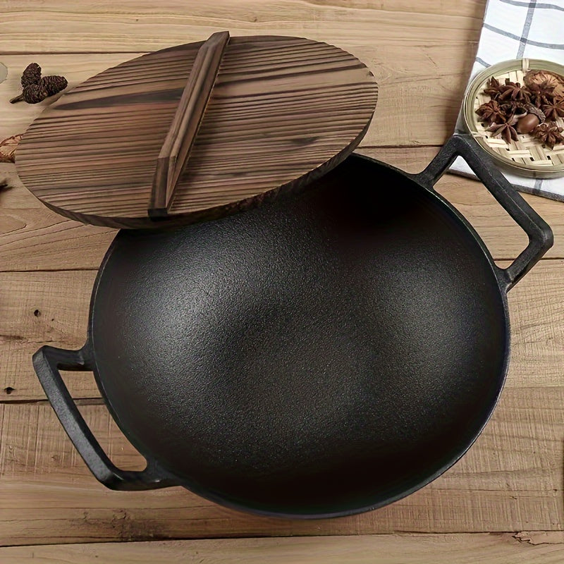 Large Traditional Wok with Dual Handles and Cedar Wood Lid for Induction and Gas Stoves