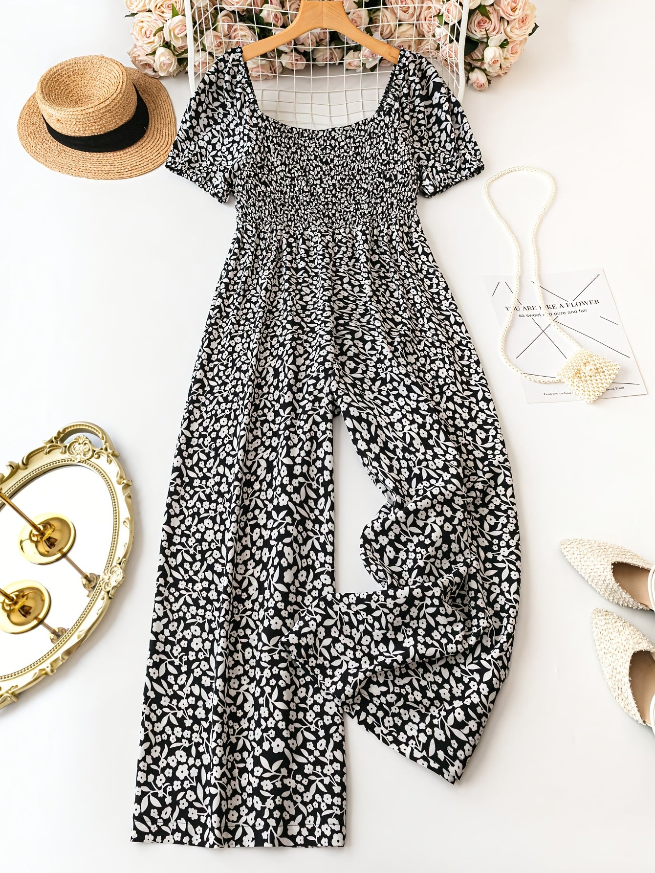 Women's Floral Print High-Waisted Jumpsuit Blue and White Casual Formal