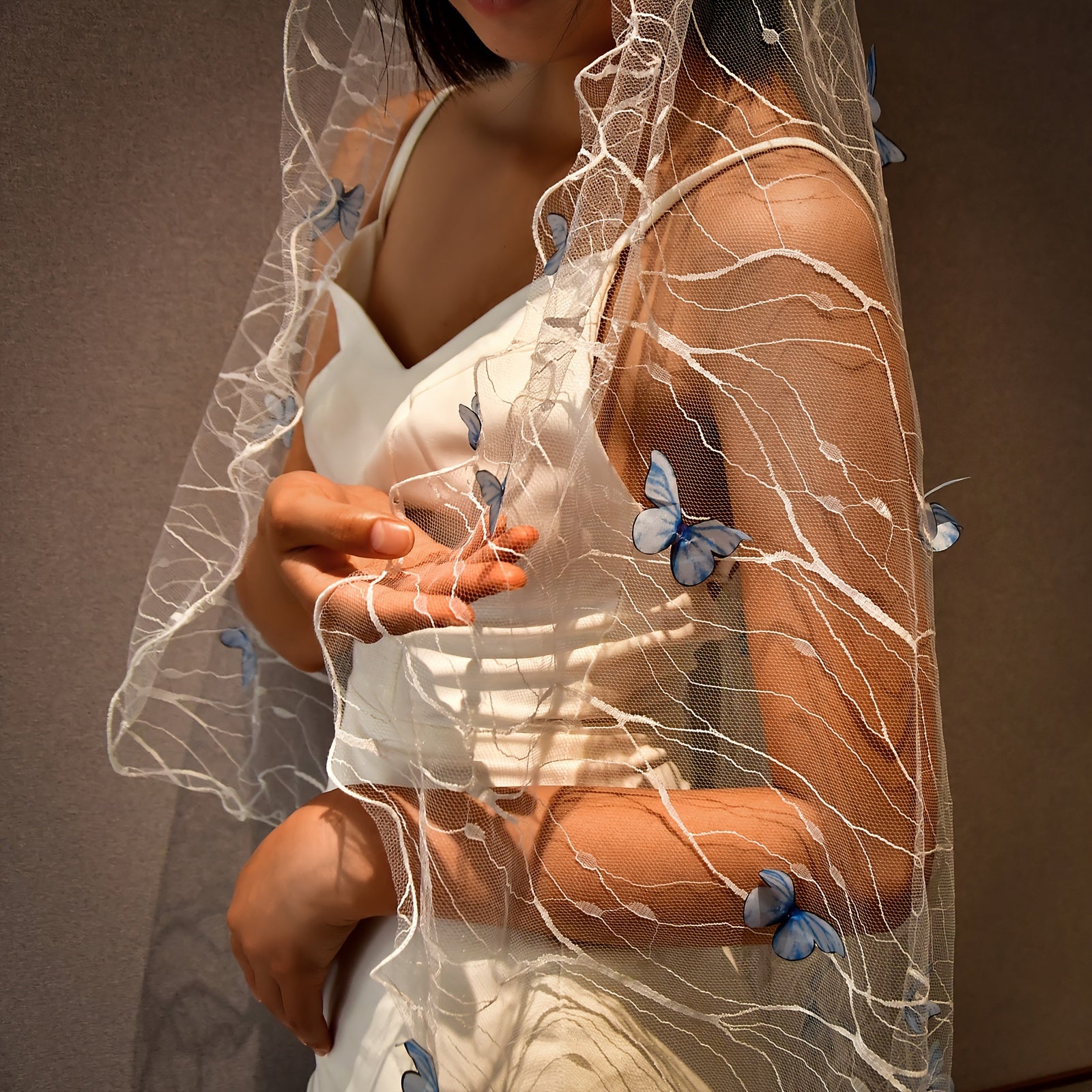 Wedding Veil with Butterfly Embroidery Cathedral Length Nylon Single Tier Bridal Accessory