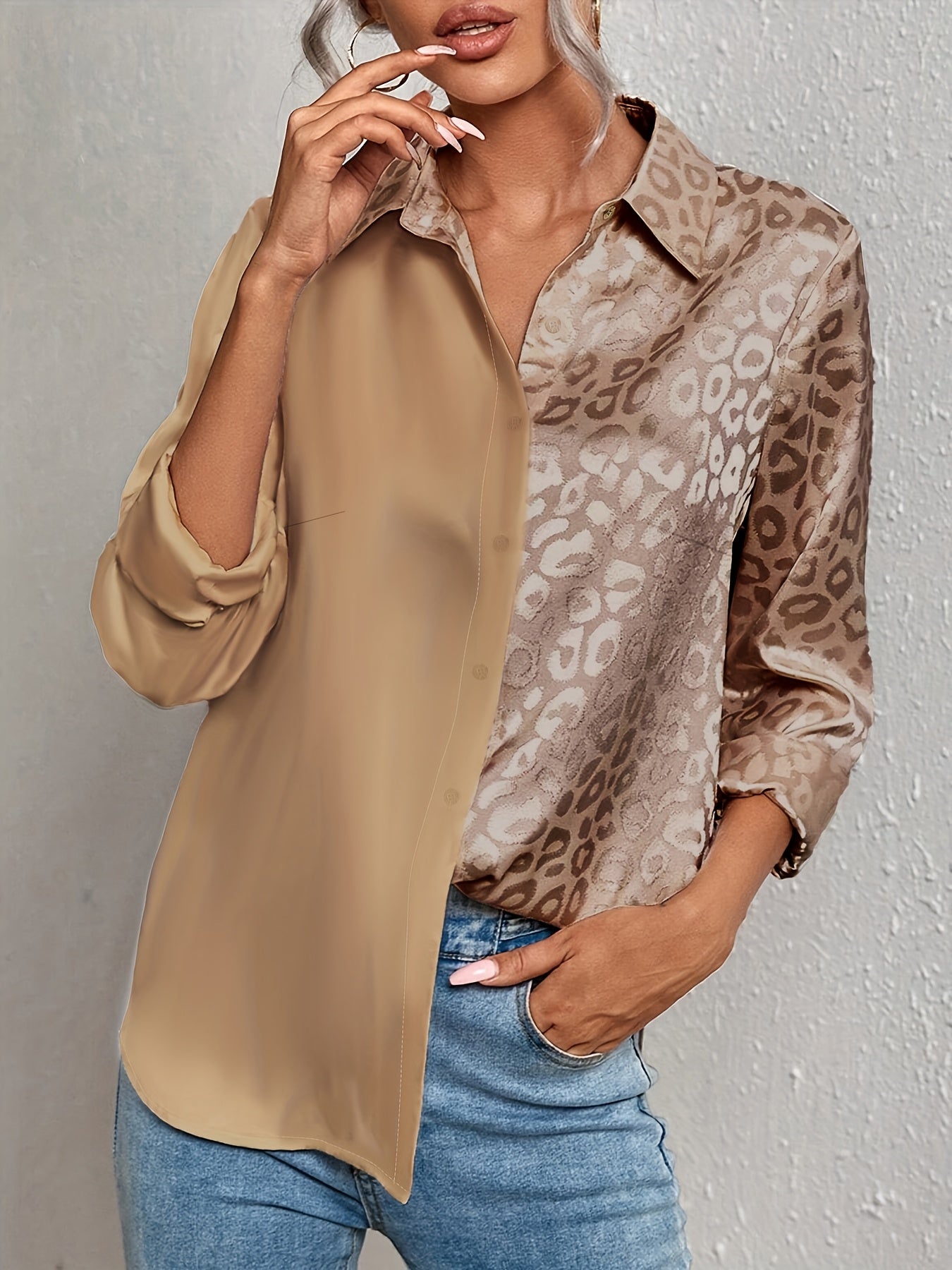 Women's Satin Leopard Print Button-Up Shirt Long Sleeve Casual Wear
