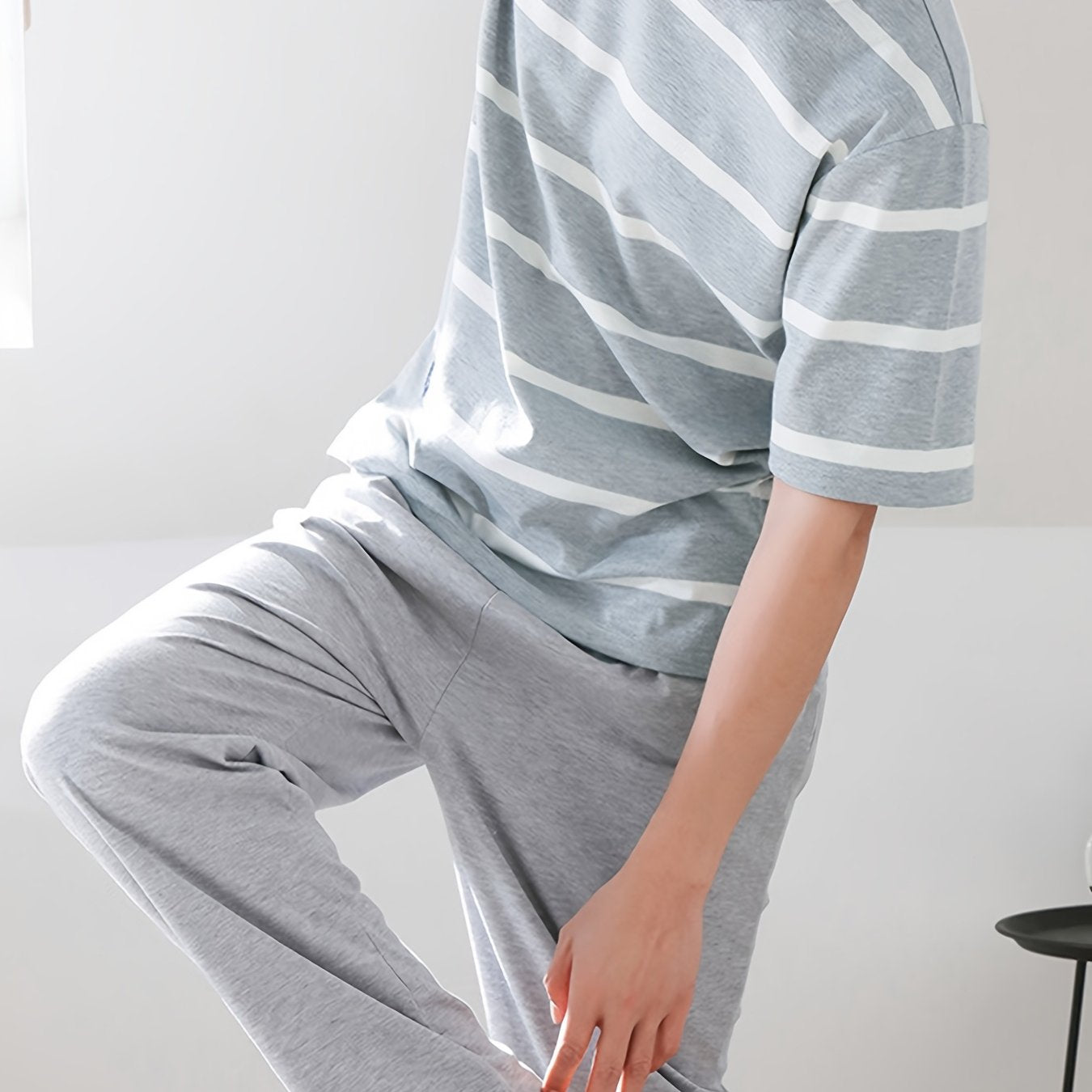 Men's Gray Striped Short Sleeve Pajama Set with Long Pants Lounge Wear