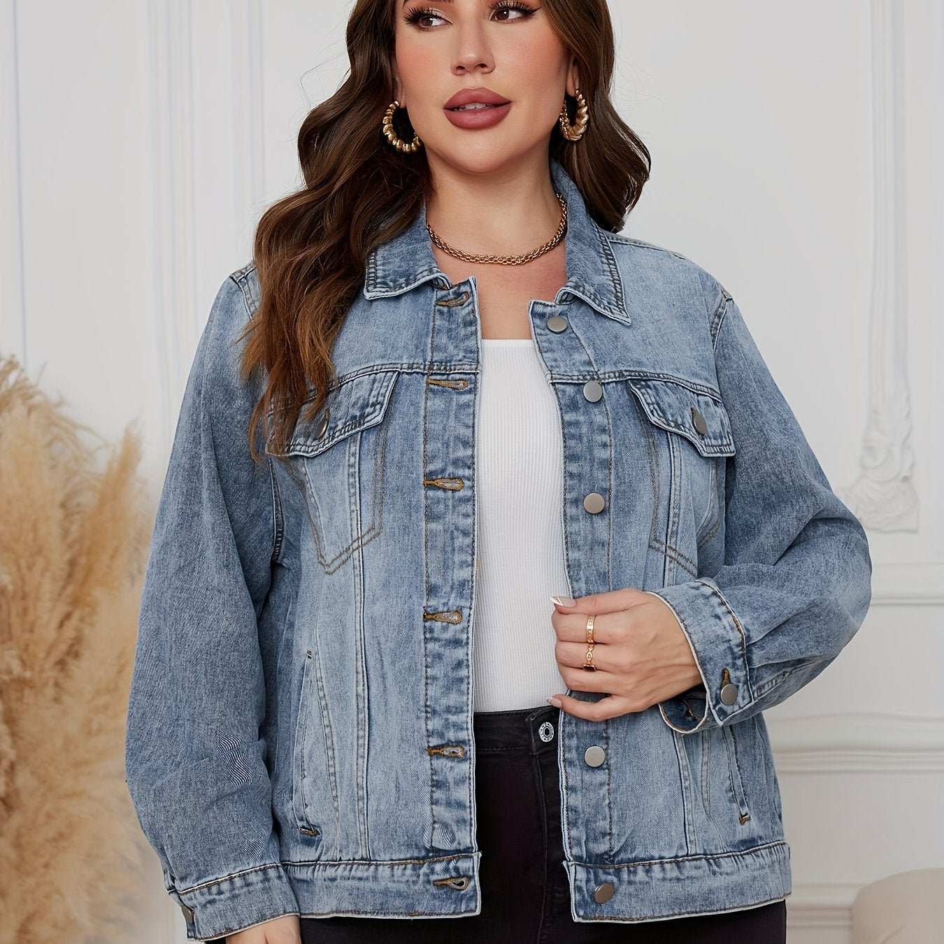 Drop Shoulder Denim Jacket Casual Solid Color Woven Cotton Polyester Spring Fall