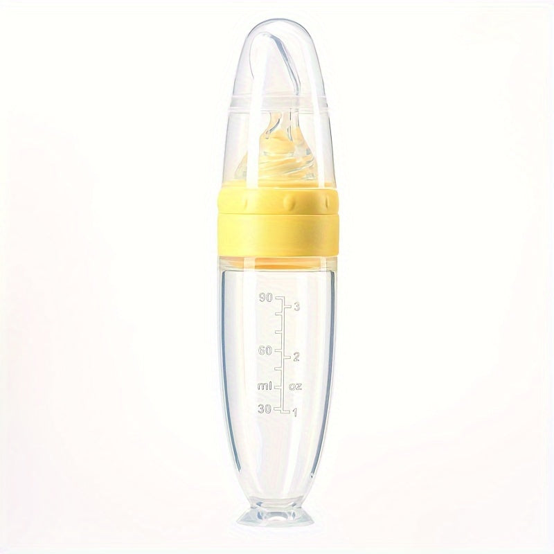 90ml Silicone Baby Feeding Bottle with Soft Spoon Head Self-Feeding Squeeze and Suction Cup in White Red Blue Yellow