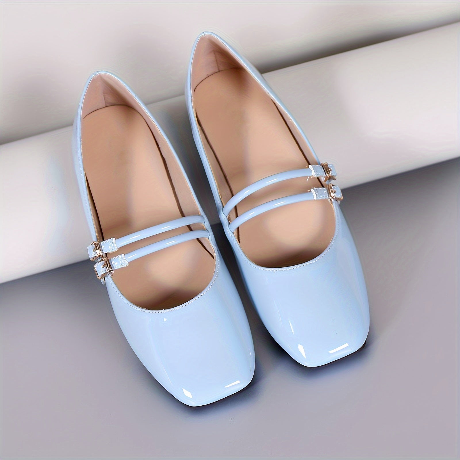 Women's Square Toe Flat Shoes Solid Color Double Buckle Flats