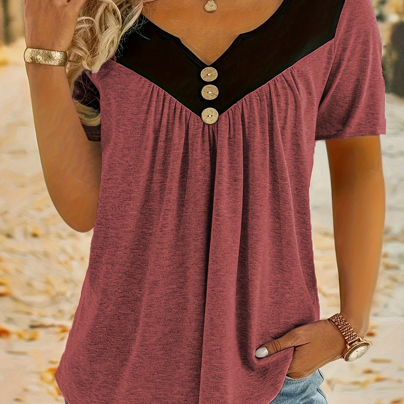 Plus Size Ruched Button Decor Notch Neck Short Sleeve T-Shirt for Women