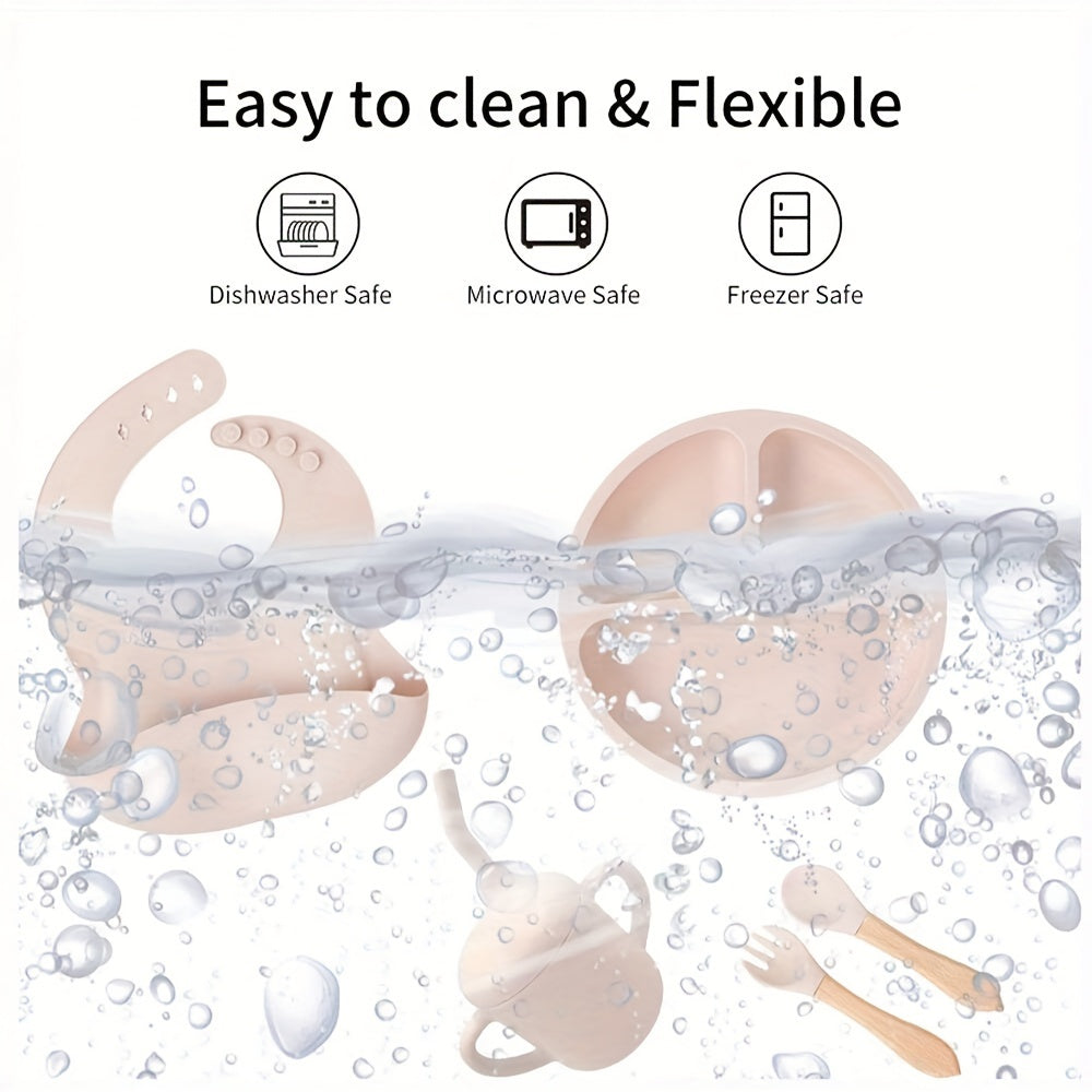 6-Piece Silicone Feeding Set with Divided Plate and Wooden Utensils for Self-Feeding