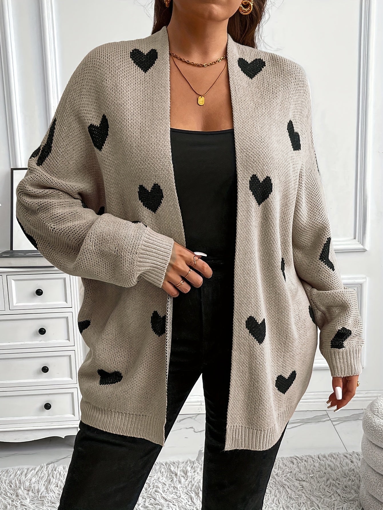 Plus Size Heart Pattern Cardigan Beige Long Sleeve Open Front