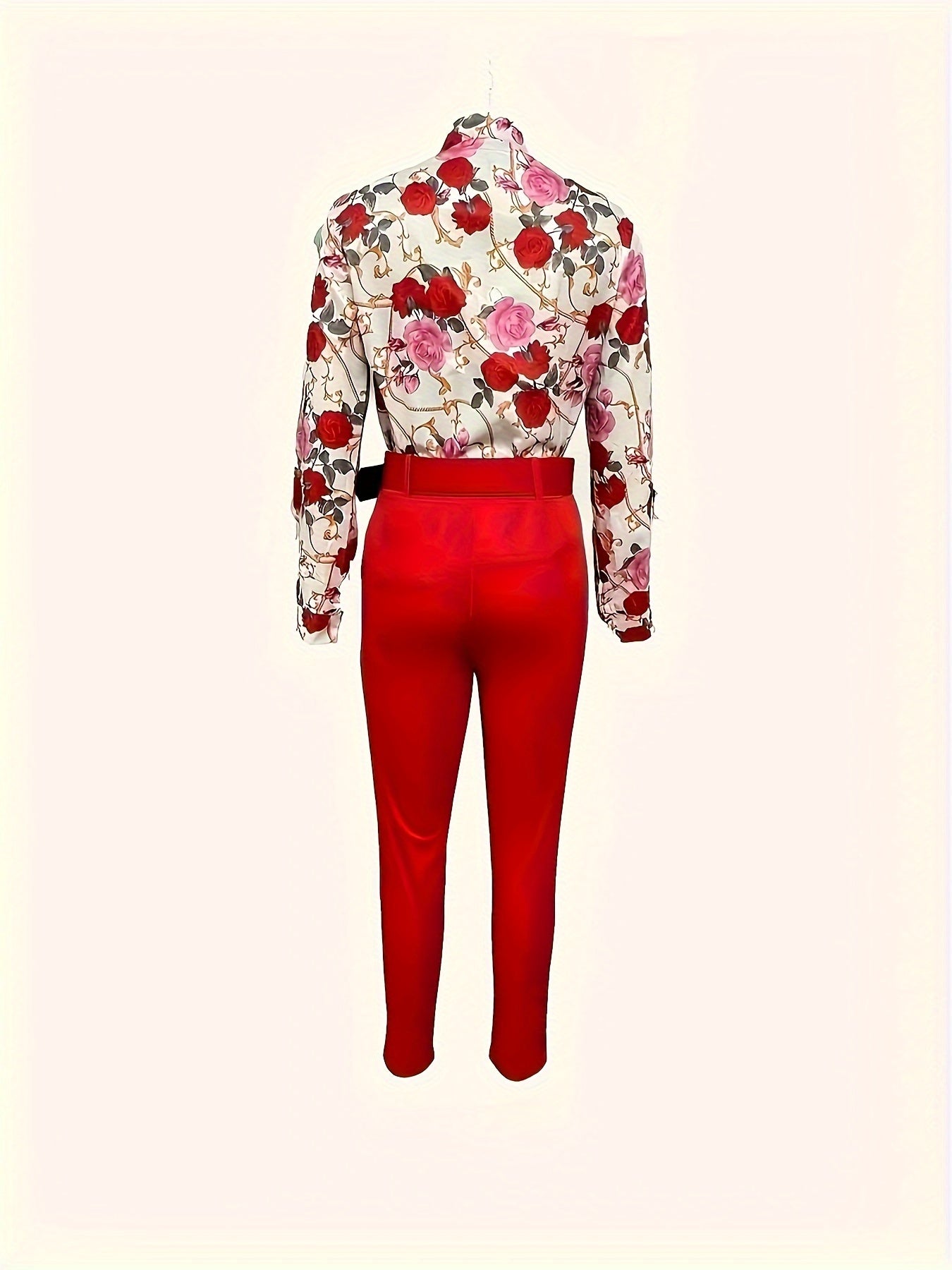 Women's Floral V Neck Blouse and Belted Tapered Pants Set Spring Summer Polyester