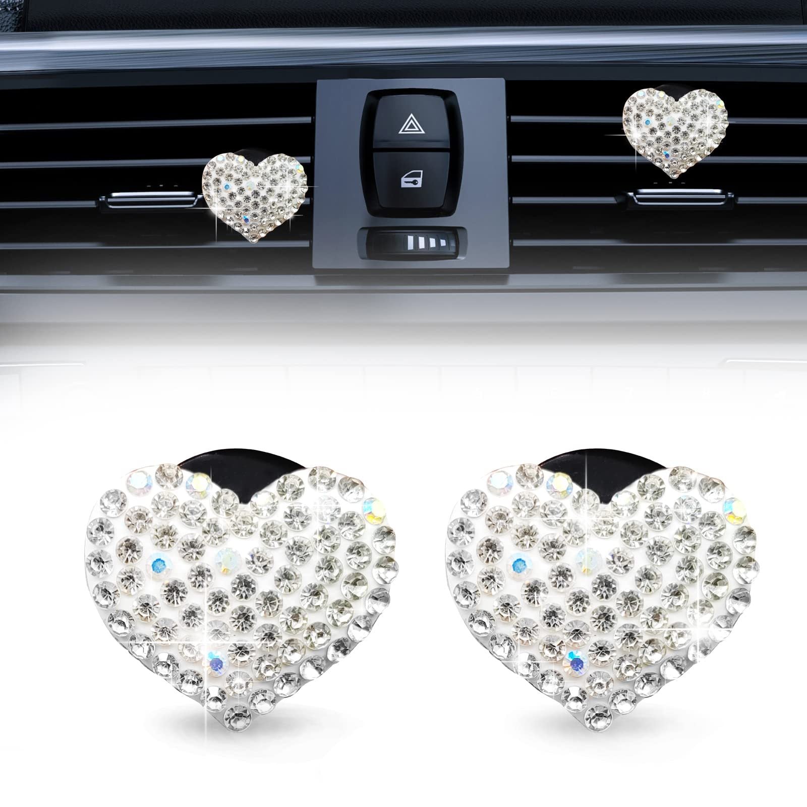 2PCS Clips de difusor de aroma para coche en forma de corazón de cristal, accesorios decorativos para coche