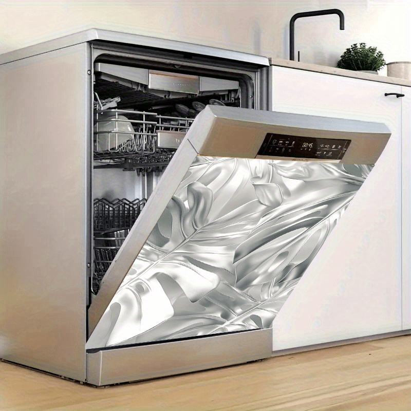 Metallic Silver Leaf Dishwasher Cover Magnet Waterproof Oilproof Kitchen Decor 58.5x65 cm