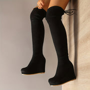 Women Black Faux Cover Platform Boots with Adjustable Lace-Up Ankle Strap