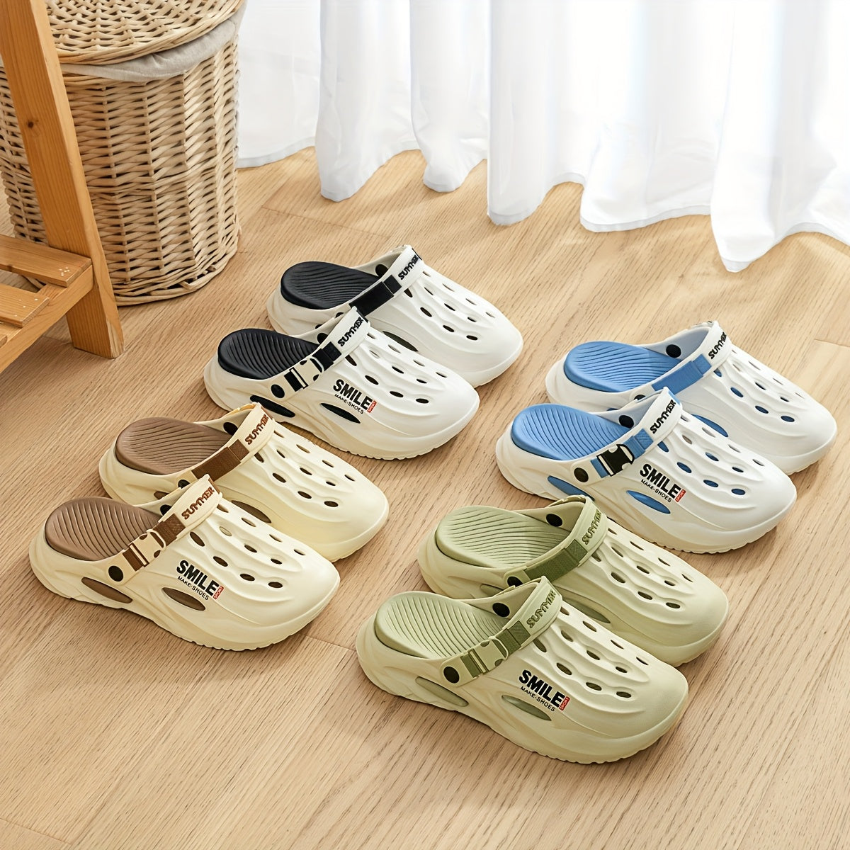 Women's EVA Slide Sandals with Adjustable Straps Indoor Outdoor Lightweight White Beige Blue