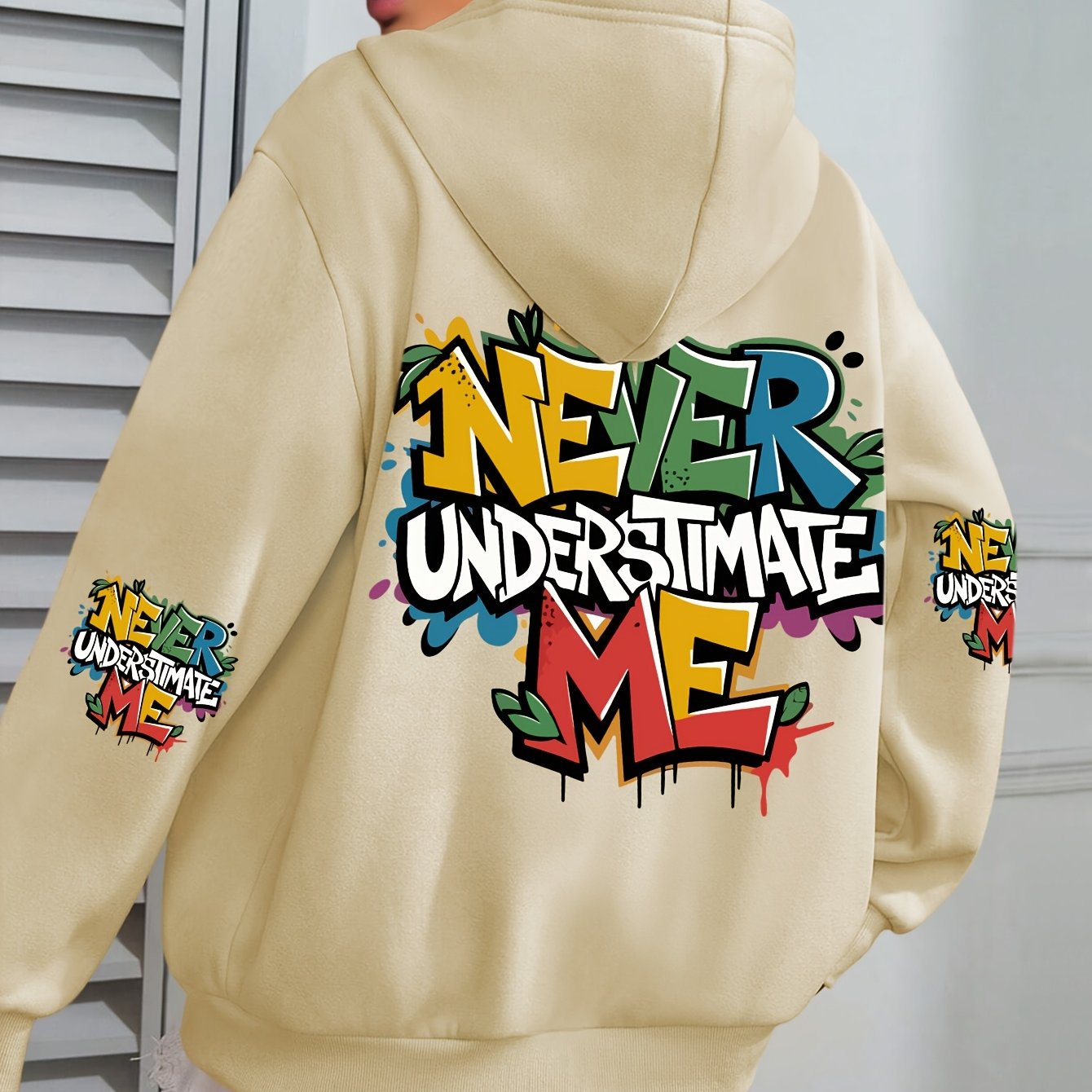 Plus Size Women’s Hoodie Fleece-Lined Graffiti Print Green Fall Winter