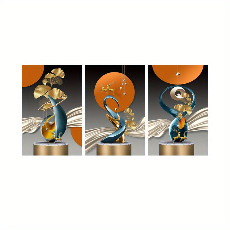 Golden Deer Ginkgo Leaf Canvas Wall Art Set of 3 Modern Unframed Home Decor for Living Room Kitchen Office