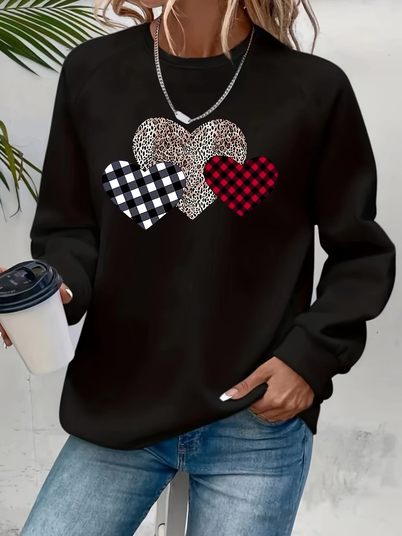 Plus Size Women'S Sweatshirt Cozy Leopard Plaid Long Sleeve Crewneck Black