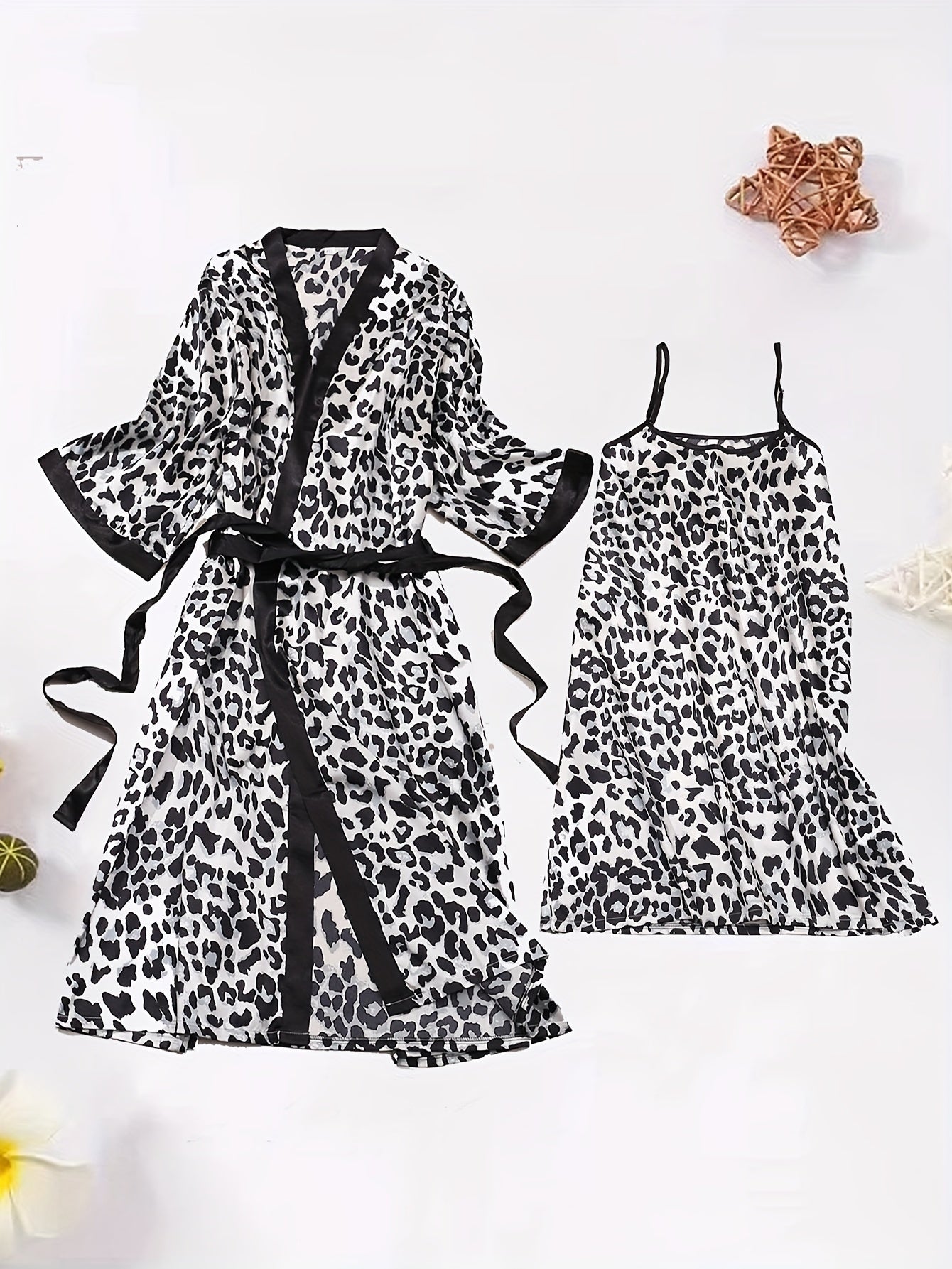 Plus Size Satin Leopard Print Sleep Dress and Robe Set for Women