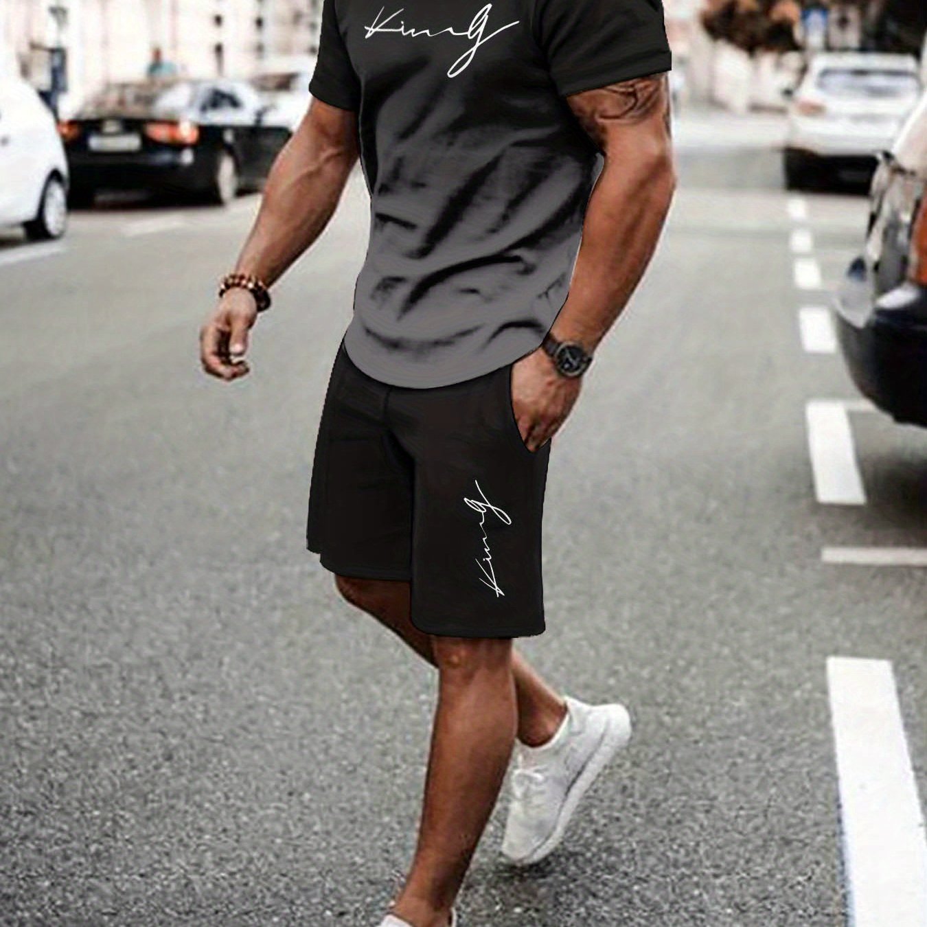 Men's Summer Sports Casual Set 3D Printed Crew Neck T-Shirt and Shorts Polyester Breathable Slight Stretch Regular Fit