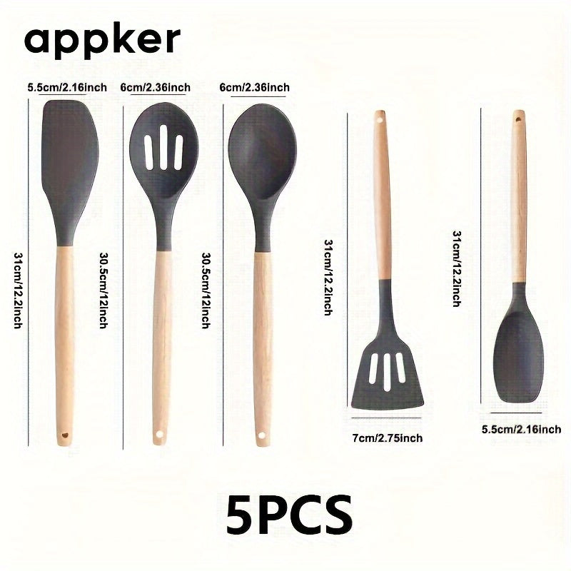 12-Piece Non-Stick Silicone Kitchen Utensil Set with Wooden Handles Heat-Resistant Durable Safe for Cooking and Baking