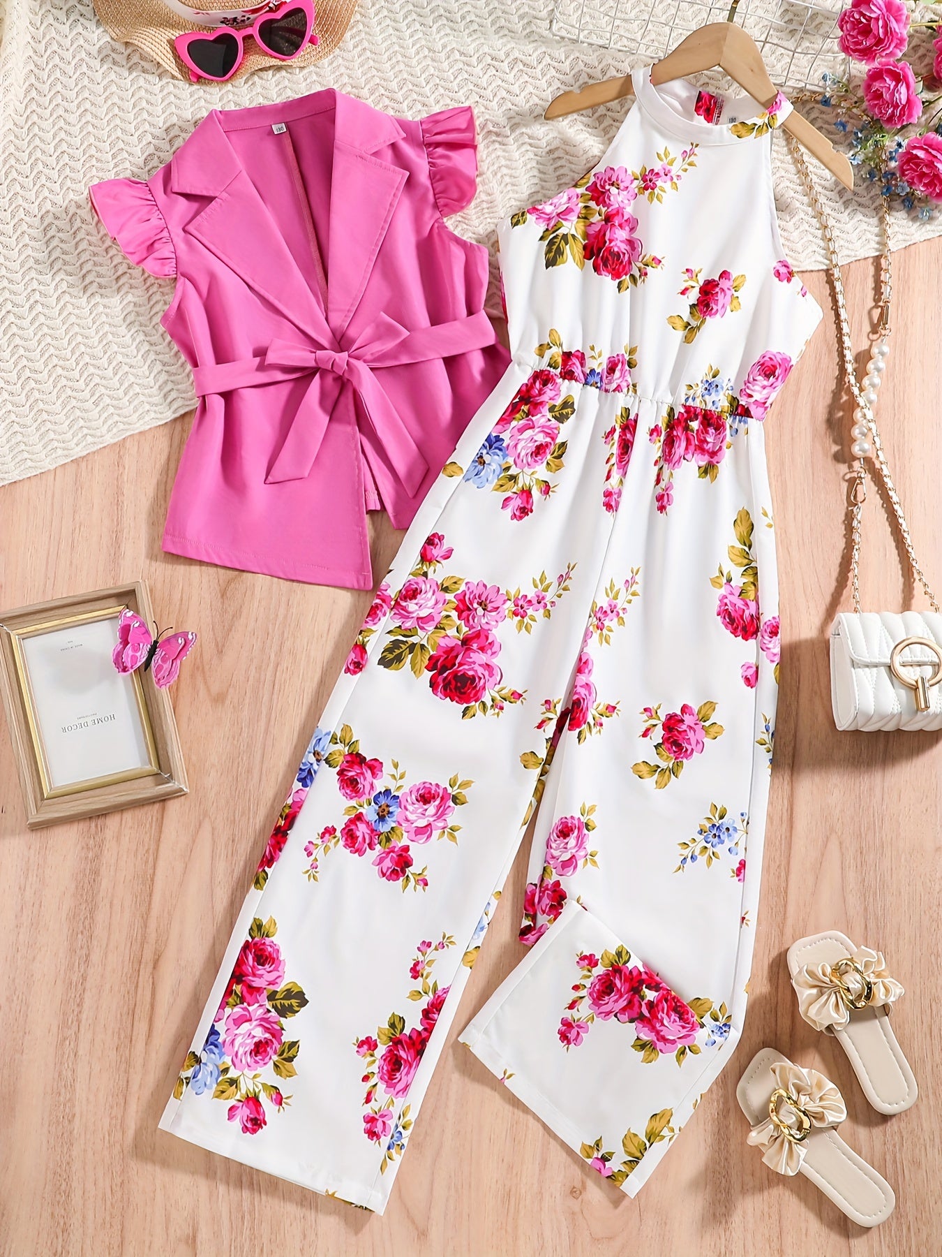 Girls Spring Summer Floral Set with Sleeves, Turn-Up Collar, Belt and Suspender Leggings