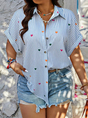 Plus Size Women's Striped Blouse with Heart Print Casual Summer Shirt