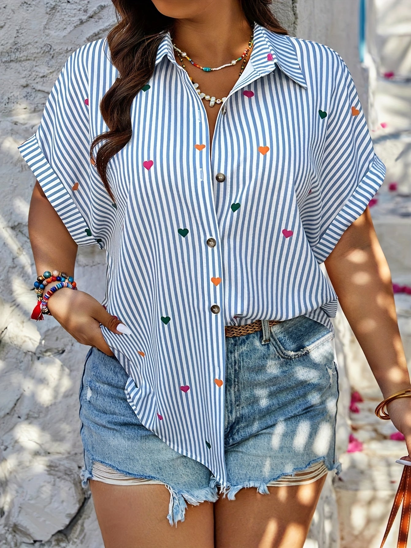 Plus Size Women's Striped Blouse with Heart Print Casual Summer Shirt