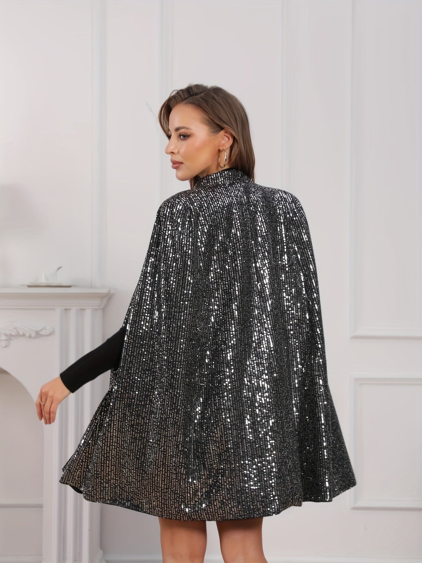 Women's Slim Trench Coat with Sequins Stand Collar Long Sleeve