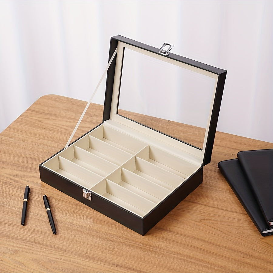 Eyewear Organizer Hard PU Leather Sunglass Storage Case with 8 Slots and Glass Lid