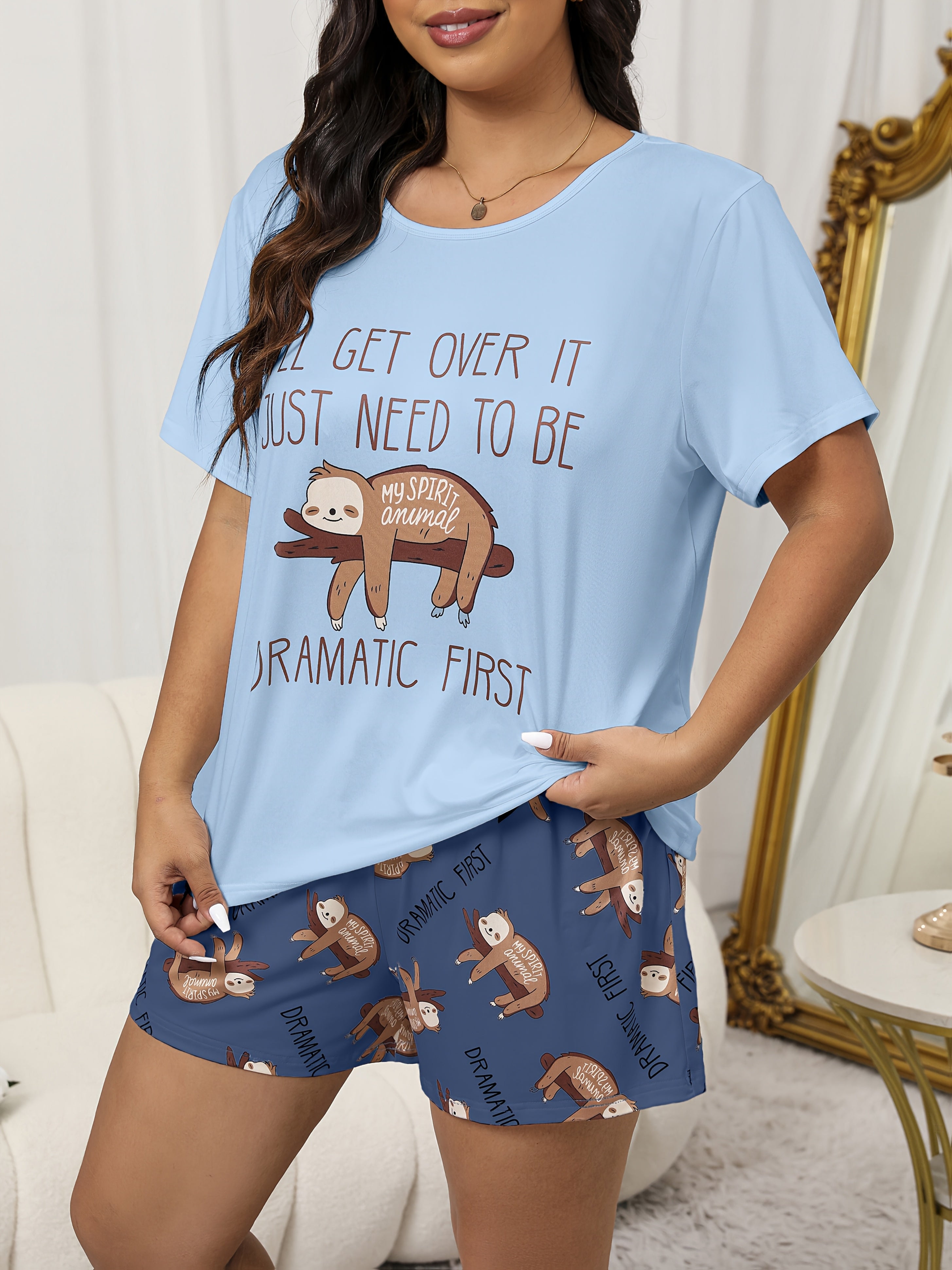 Plus Size Women's Sloth Print Pajama Set Light Blue Short Sleeve Shorts