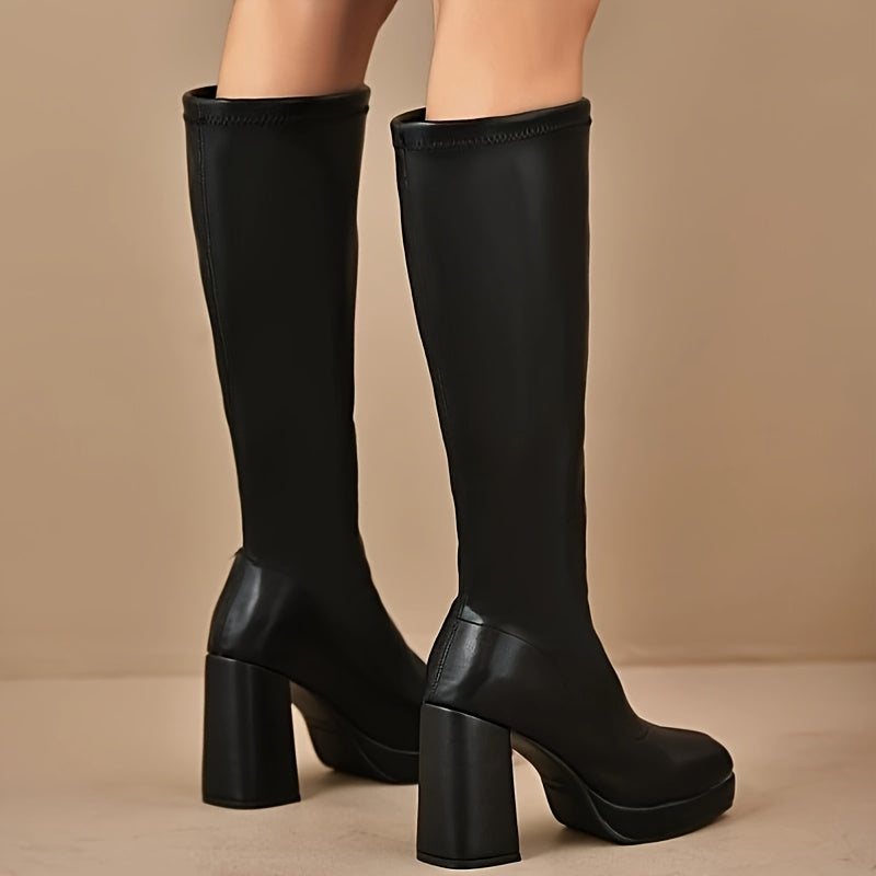 Women's Vintage-Style Knee-High Boots Black Soft Square Toe Block Heel