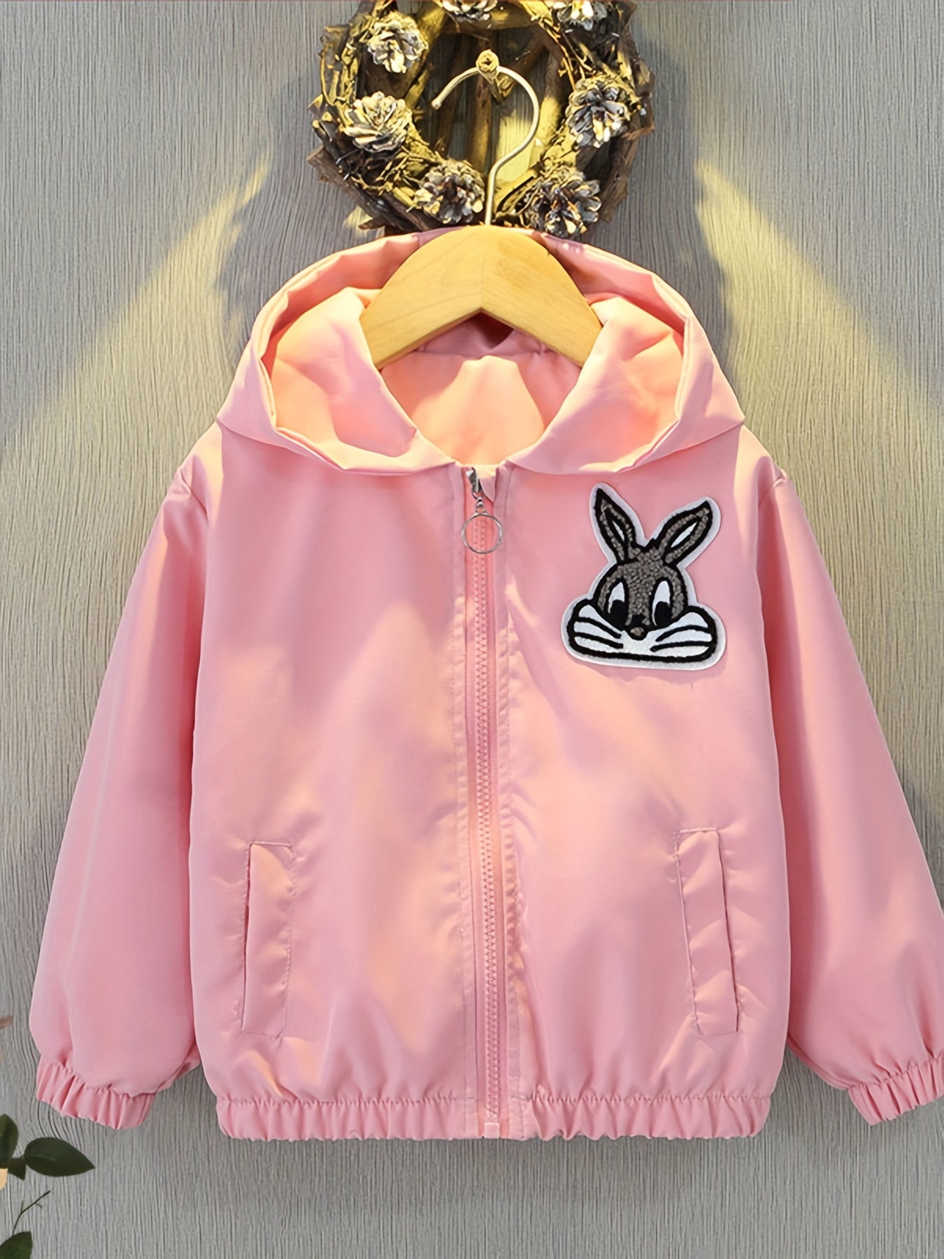 Girls' Long Sleeve Hooded Jacket with Rabbit Embroidery for Spring Fall Casual Kids Outerwear