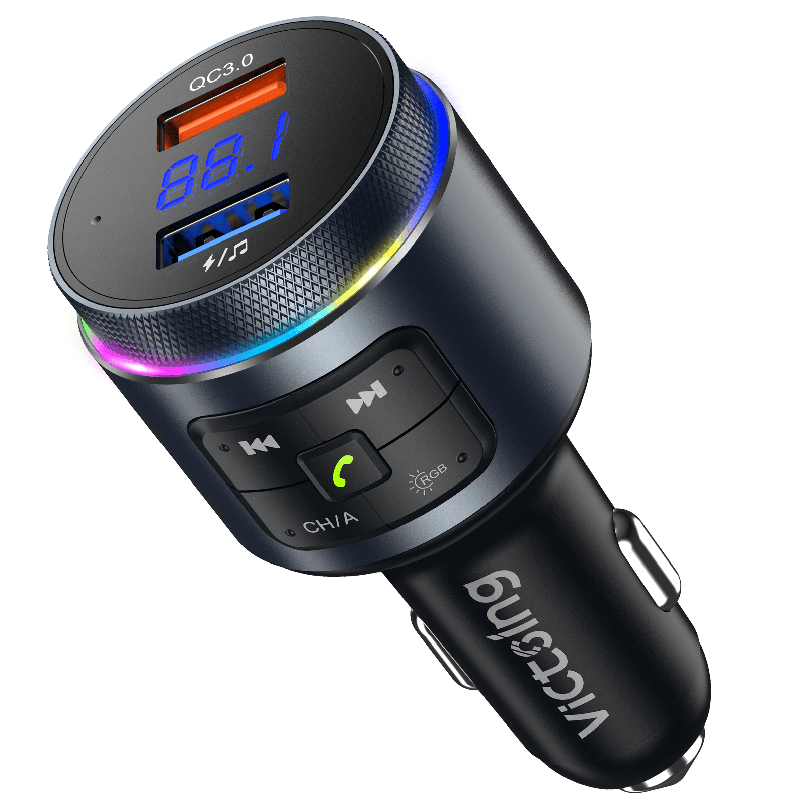 Wireless FM Transmitter Car Adapter with QC3.0 Hands-Free Calls LED Backlit