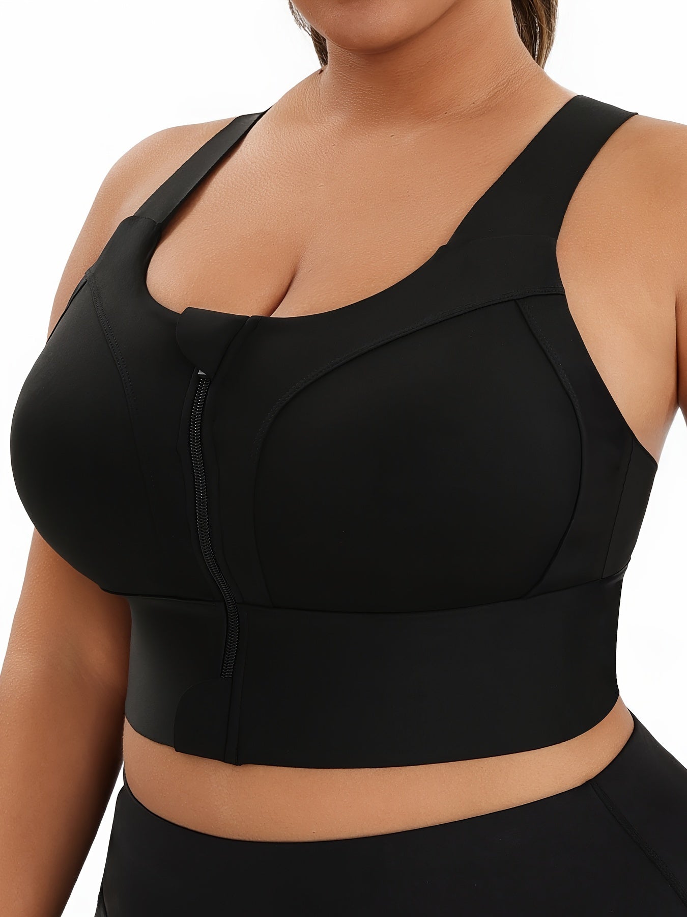 Women's Plus Size High Support Sports Bra with Zipper Black for Yoga Running
