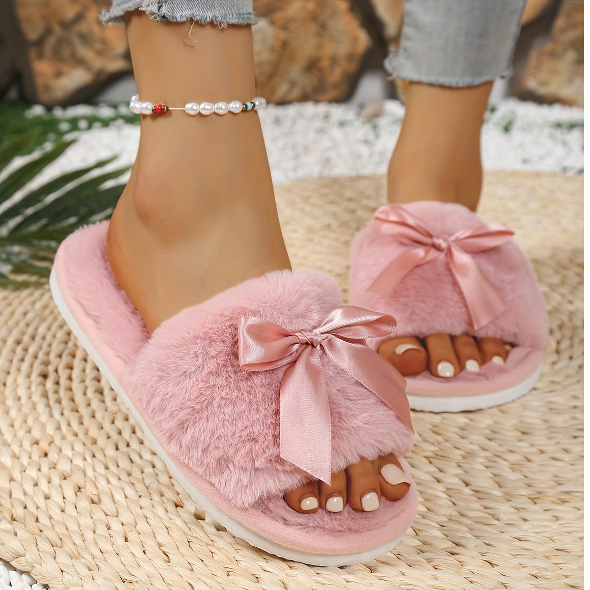 Women Plush Slippers Soft Faux Fur Bowknot All-Season Comfort