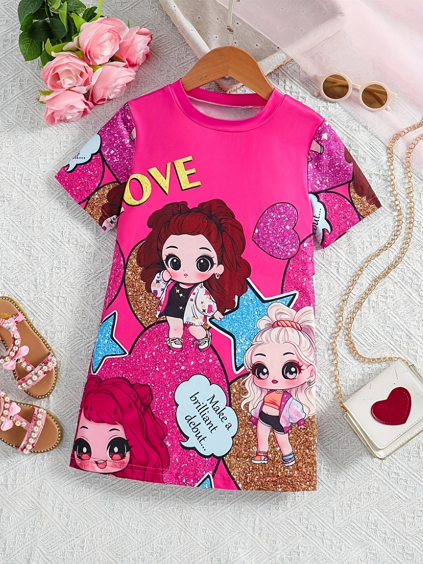 Girls' Pink Cartoon Dress with "LOVE" Print, Polyester Blend, Spring Summer Fall