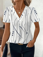 Women's V-Neck Blouse Lightweight Polyester Short Sleeve Pleated Summer Chic