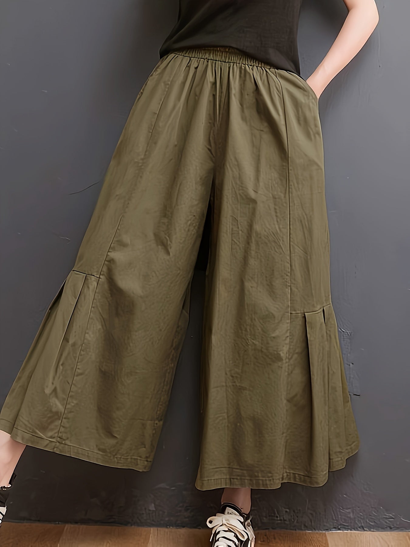 Women's Wide-Leg Polyester Pants with Elastic Waist Solid Color All Seasons