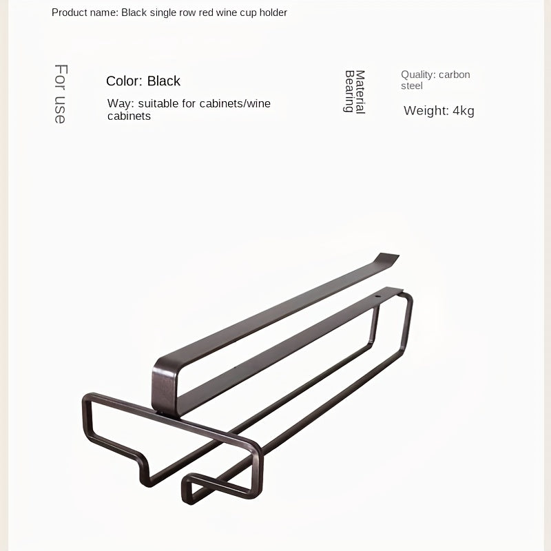 Black Metal Hanging Wine Glass Rack No-Drill Under Cabinet Stemware Organizer